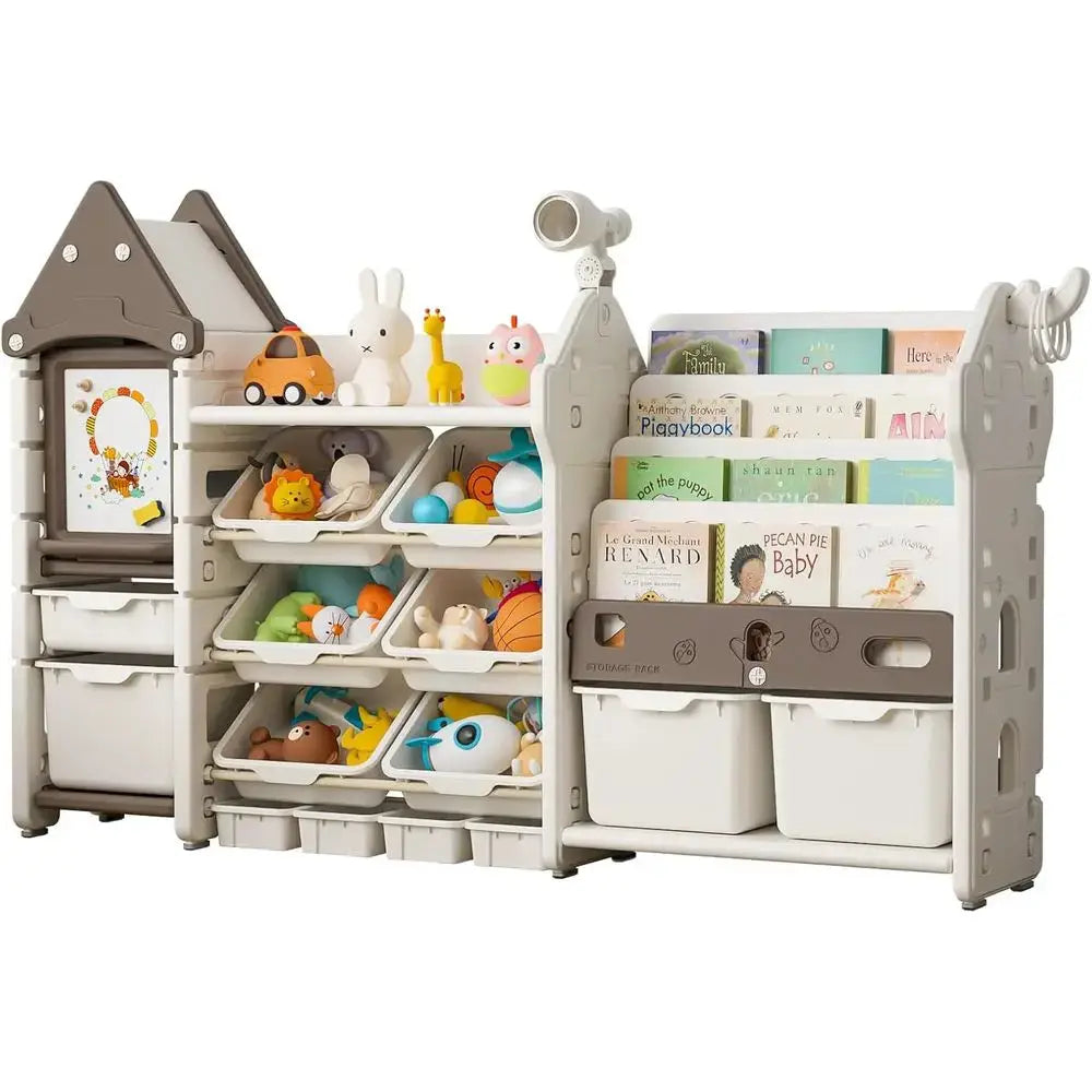 14-Bin Playroom Storage Organizer and Bookcase, Toddler HDPE Shelving with Ding Board, Suitable for Nursery, Bedroom, and Playro from PriceLows™