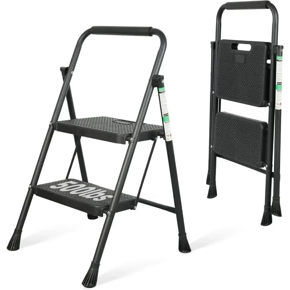 Portable Folding 2 Step Stool with Anti Slip Pedal and Handgrip Sturdy Steel Ladder Black from PriceLows™