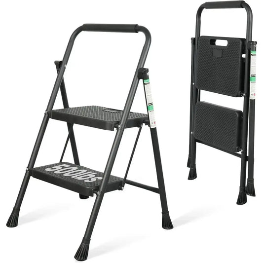 Portable Folding 2 Step Stool with Anti Slip Pedal and Handgrip Sturdy Steel Ladder Black from PriceLows™