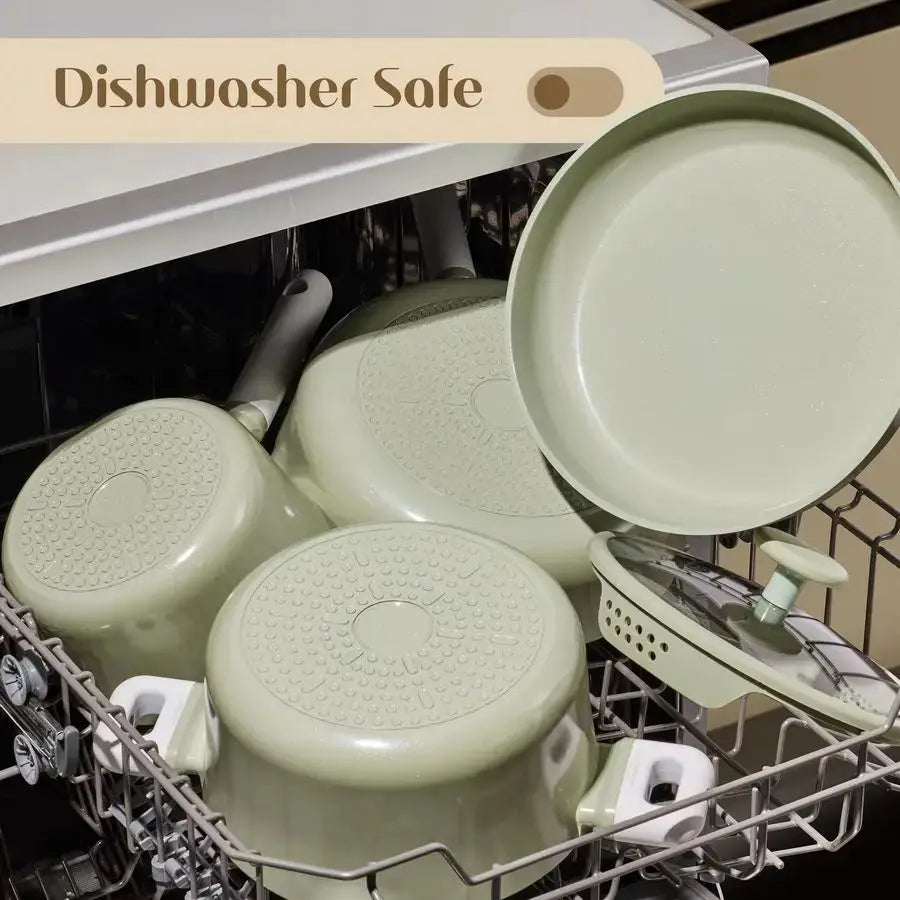 Pots and Pans Set Nonstick, Ceramic Cookware Set, Green Cooking Set Kitchen Induction Set with Steamer, PFAS PTFE Free,9 Piece from PriceLows™