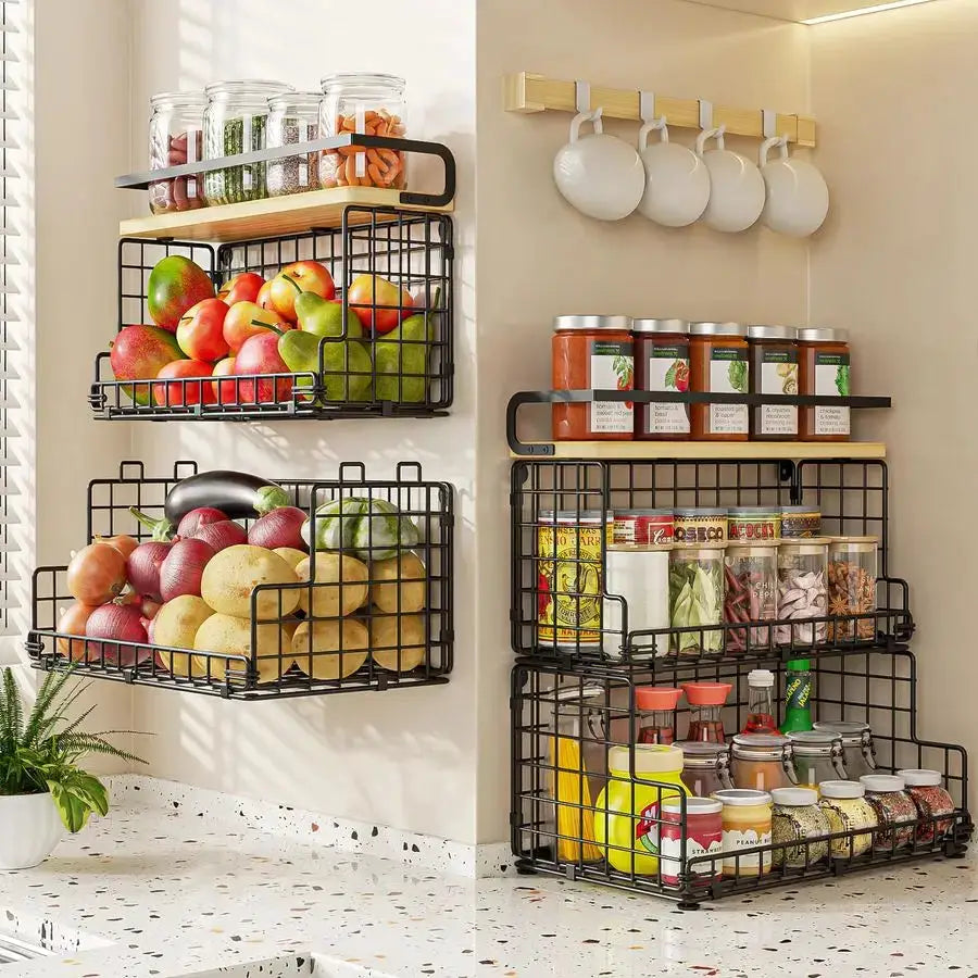 3Tier Stackable Snack Organizer with Pine Wood TopTrapezoid Metal Wire Basket, Countertop amp Wall Mounted Snack Holder for Kitc from PriceLows™