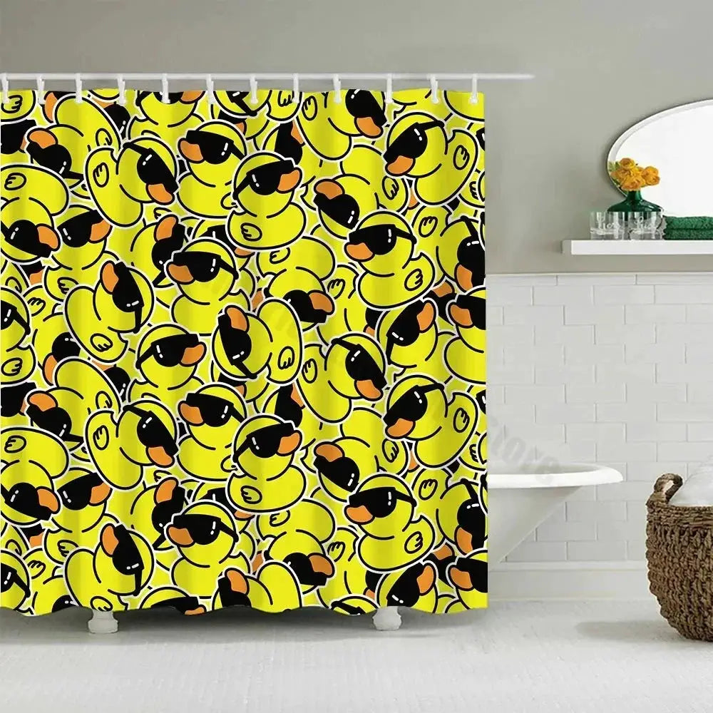 Cute Little Yellow Duck Shower Curtain Cartoon Funny Smiley Face Bathroom Waterproof Bath Duck Fabric 12 Hooks Bathroom Decor from PriceLows™