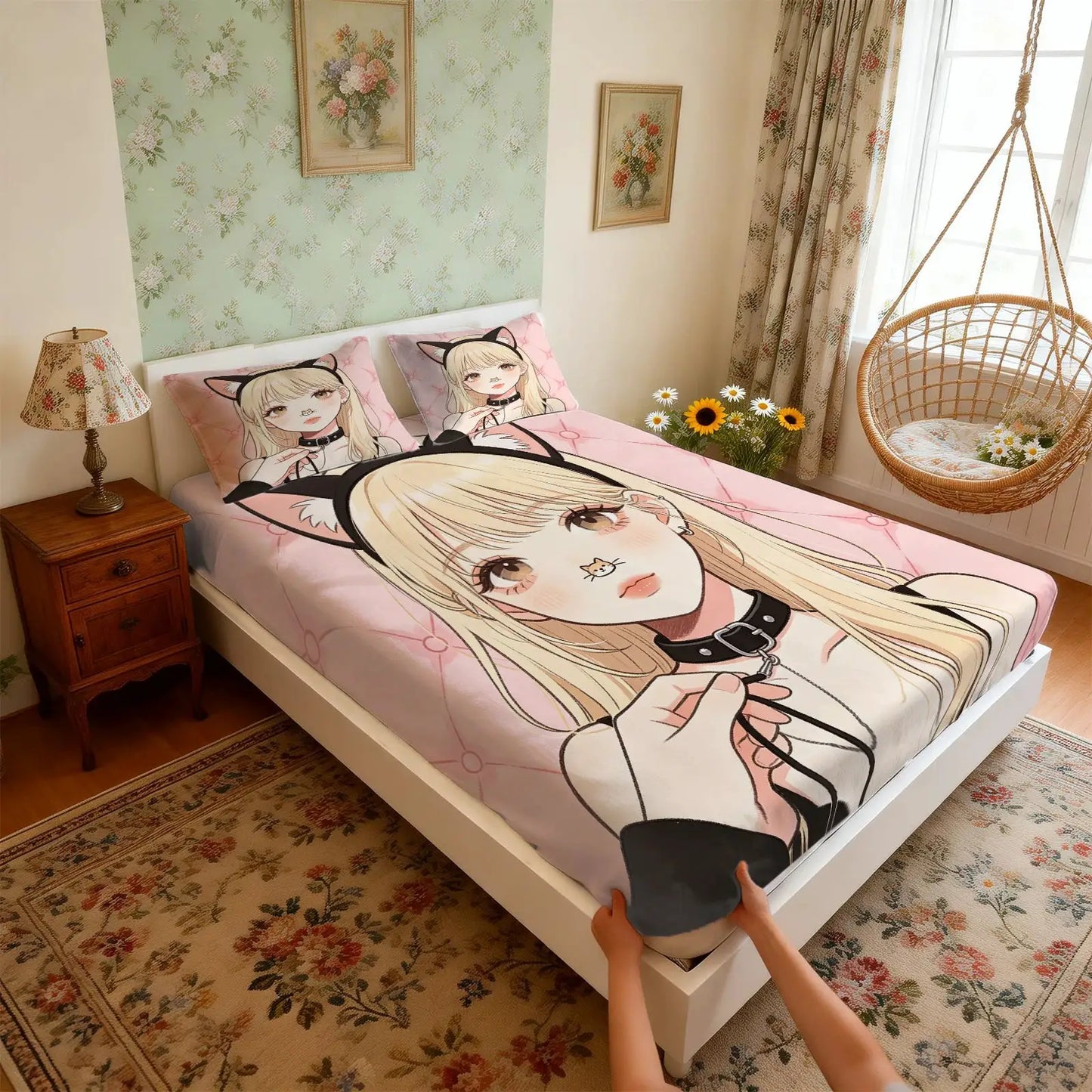 Cute Anime Bunny Girl Print Fitted Sheet Set Bed Sheet Set Bedding Set No Fillers Deep Pocket For Teen Bedroom from PriceLows™