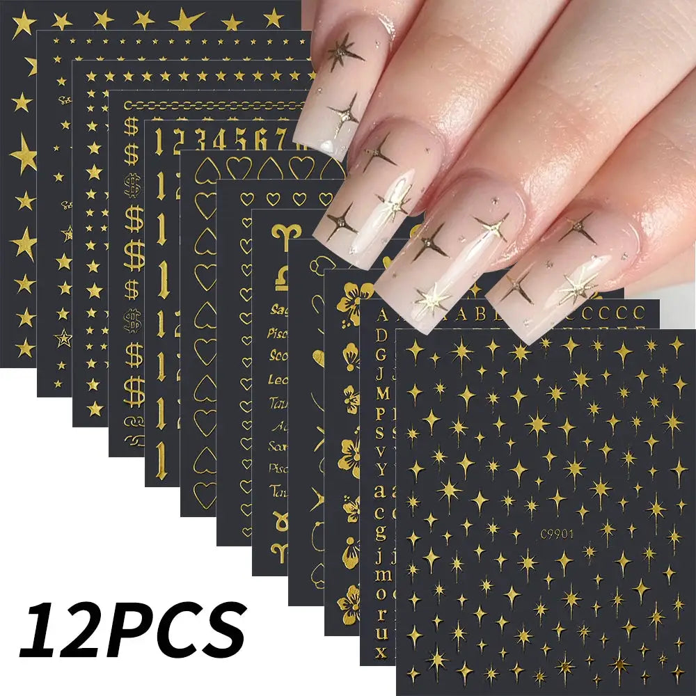 12Pcs 3D Gold Sliver Stars Nail Stickers Bronzing Starlight Nail Art Decals Self Adhesive Slider Decals DIY Nail Tips Decoration from PriceLows™