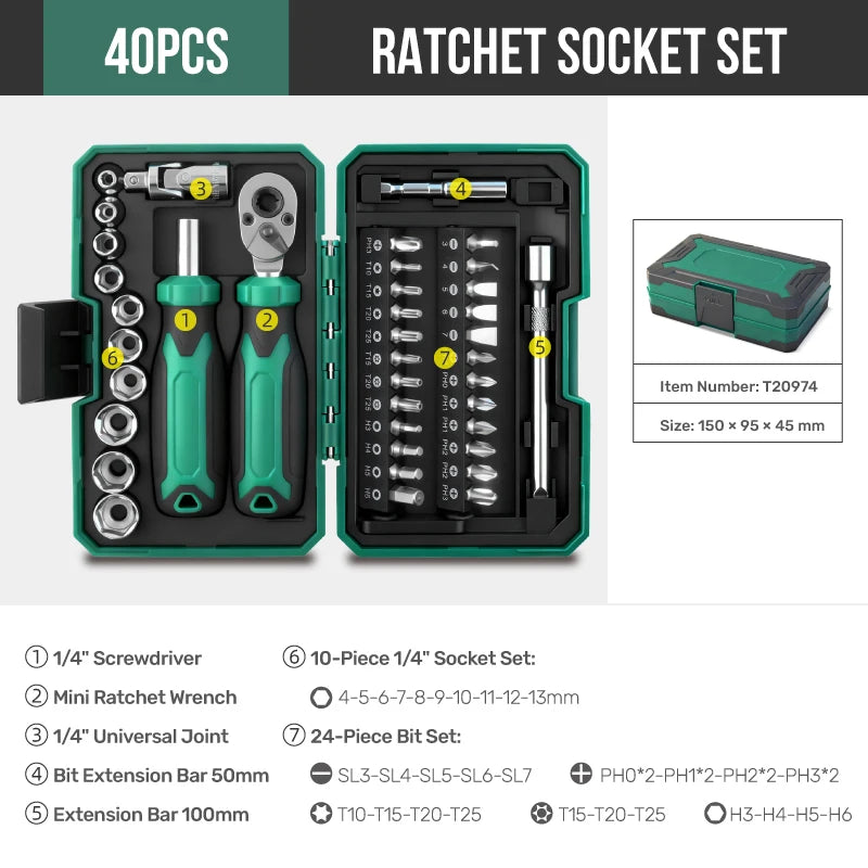 Hi-Spec 1/4" Drive Quick-Release 40 in 1 Ratchet Socket Bit Set Cr-V Steel Phillips/Slotted Screwdrivers for Repair & Hand Tools from PriceLows™