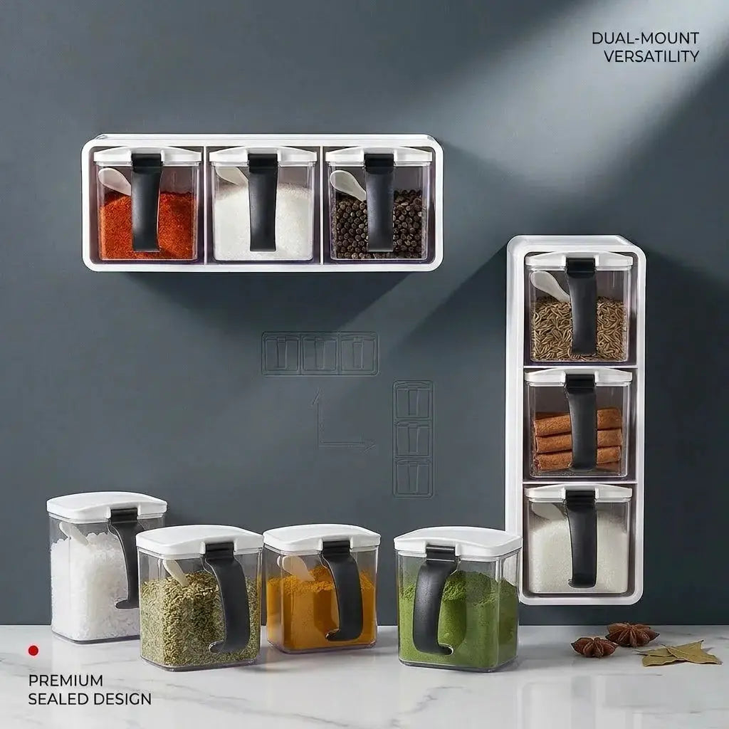 Spice Jars Set | 390ml | Three-Compartment Wall Mount | 3 Jars