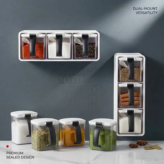 Spice Jars Set | 390ml | Three-Compartment Wall Mount | 3 Jars