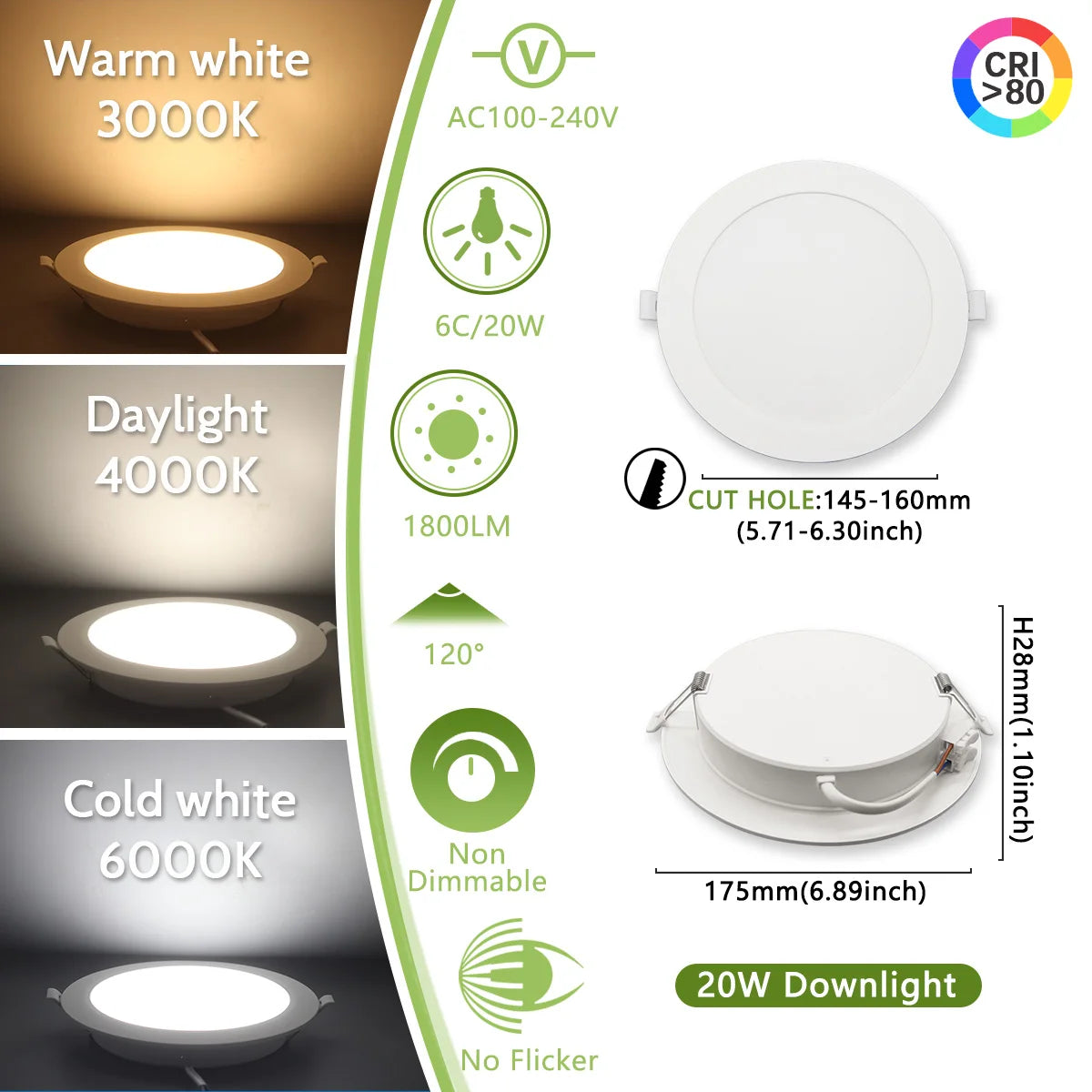 Led Downlight | Three Color Temperature | 6W-24W Power Range | 10-Pack