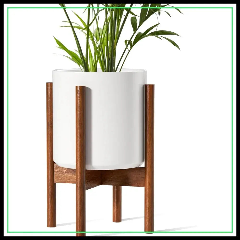 10" Ceramic Planter with Acacia Wood Stand, Mid-Century Modern Flower Pot with Drainage Hole, Indoor Plant Pot for Home Decor from PriceLows™