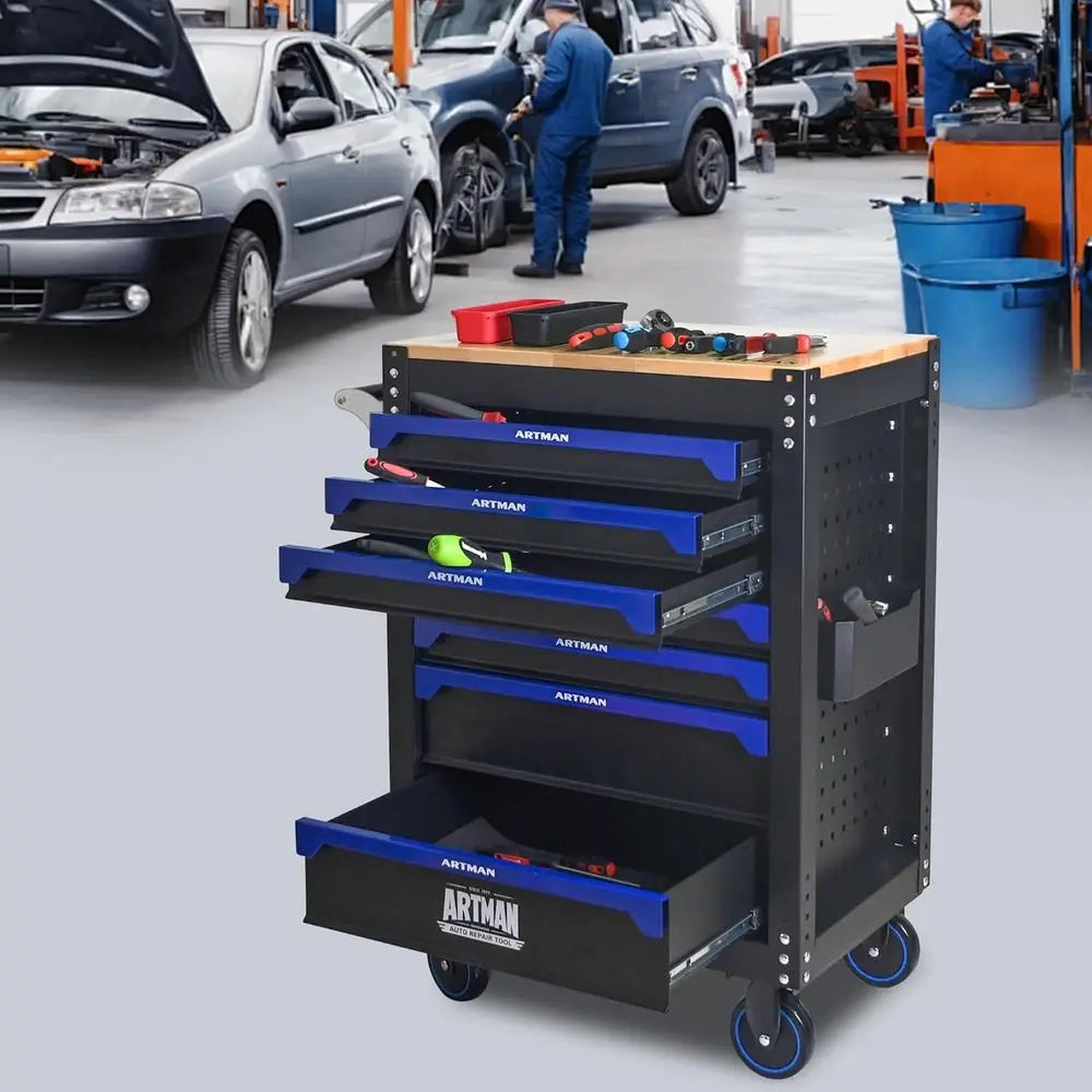 Heavy-Duty Mobile Metal Tool Chest with Locking Wheels, Stainless Steel Worktop, Garage Storage Cabinet (Black-Blue, 7-Drawers, from PriceLows™