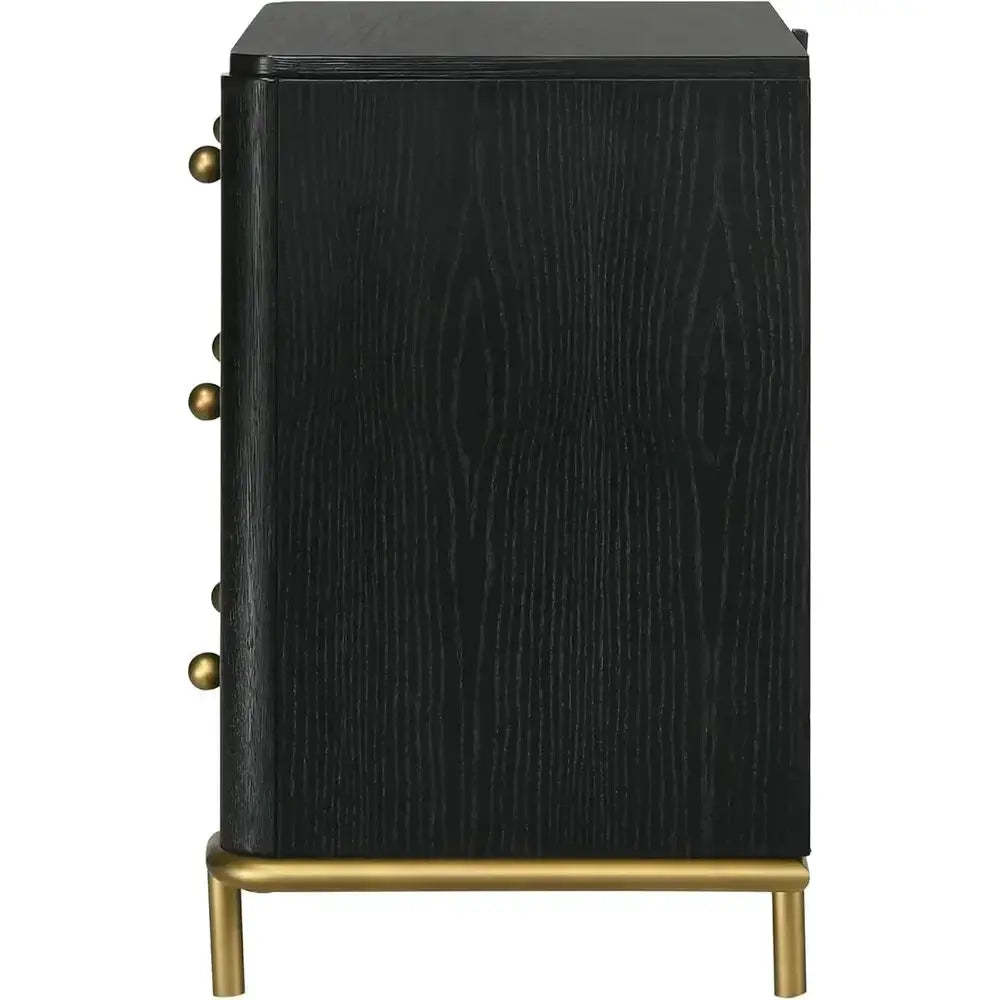 Wood 3-Drawer Nightstand with USB Ports, Soft-Lined Top, Aged Brass Knobs, Metal Base - Black from PriceLows™
