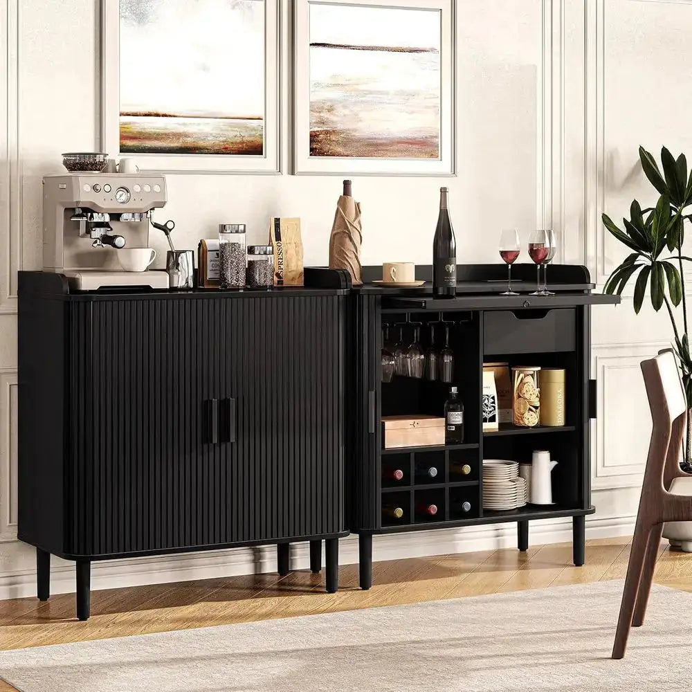 Modern Vintage Coffee Bar Cabinet with Storage, Wine Racks, and Glass Holder for Home Living Room Kitchen in Black from PriceLows™