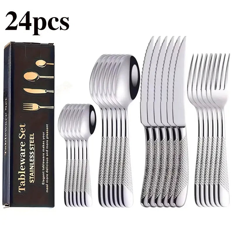 24pcs stainless steel tableware set, including knife, fork, spoon and coffee spoon gift box, dishwasher safe. from PriceLows™