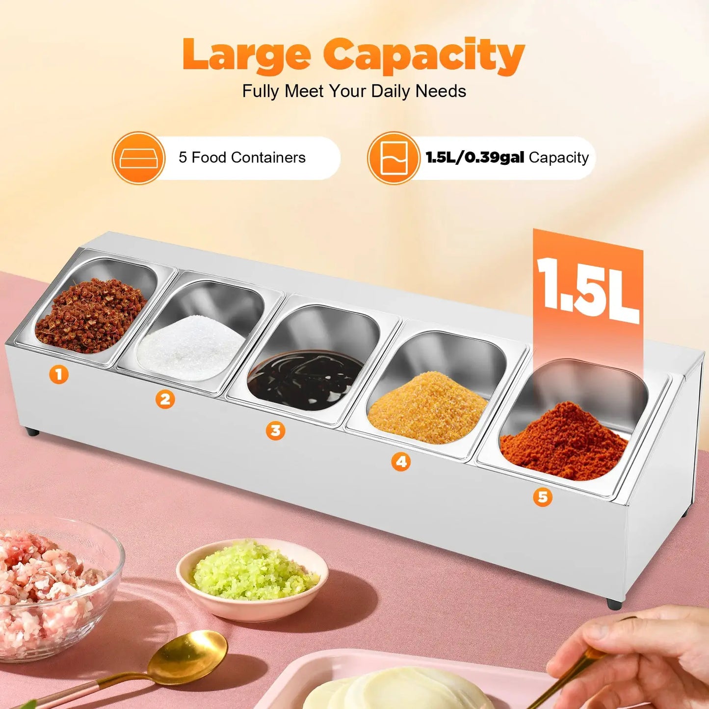 Spice Rack Shelf Stainless Steel One Row with 5 Containers, Countertop Inclined Holder for Seasoning Sauce Jam Fruits Ingredient from PriceLows™