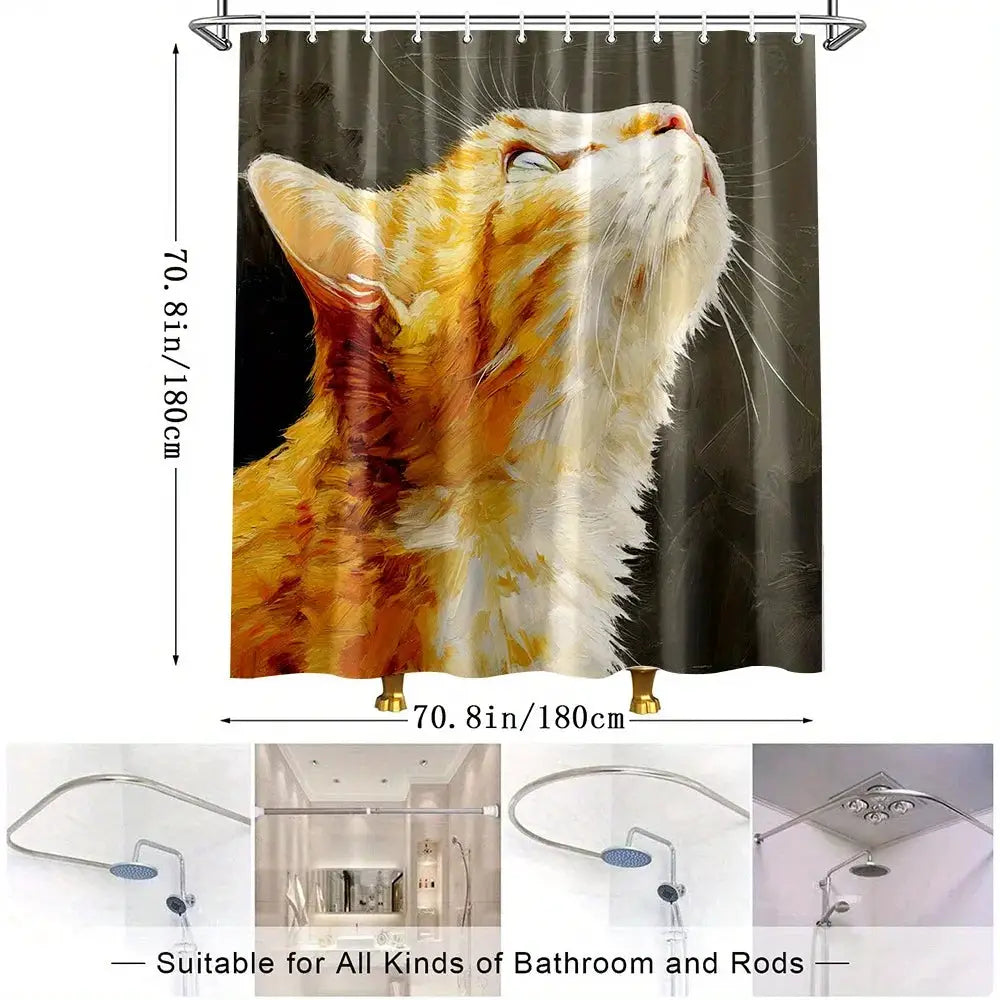 1pc Cat Oil Painting Shower Curtain - Vibrant Feline Art Bathroom Decor, Durable Polyester Fabric with 12 Hooks, 70.8x70.8 Inche from PriceLows™