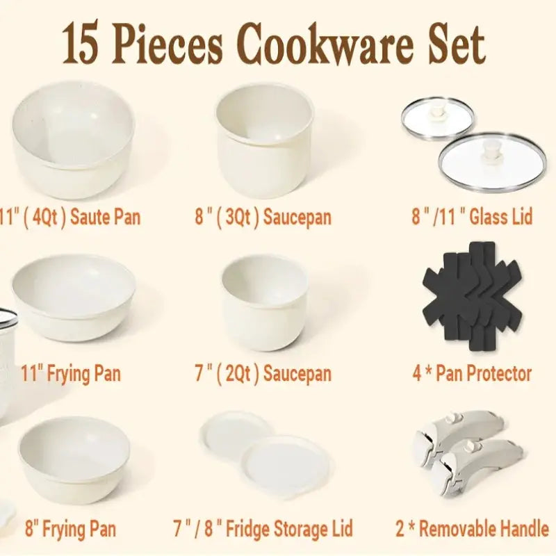 White 15pcs Non-Stick Pot And Pan Set, Kitchen Cookware with Removable Handle, PFAS And PFOA Free, Kitchenware, Mother'S Day Gif from PriceLows™