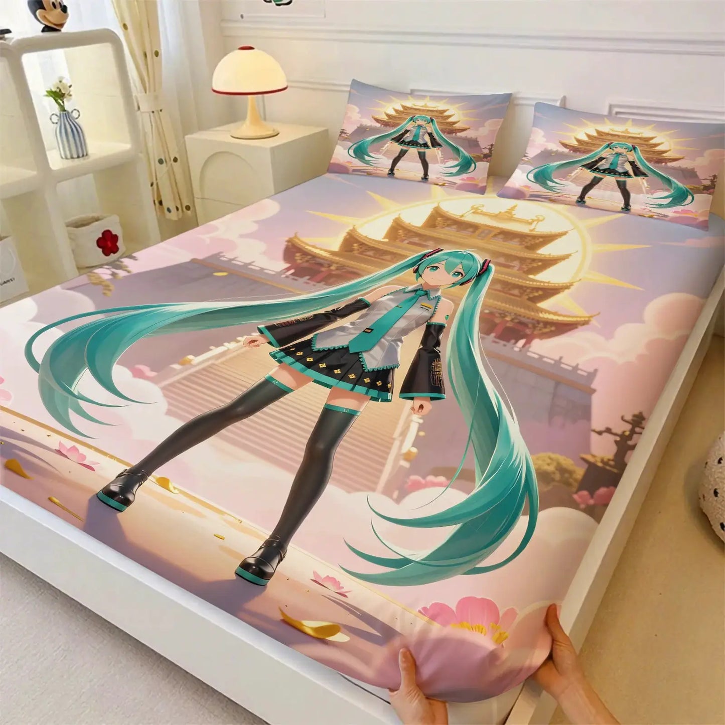 3Pcs Hatsune Miku Fitted Sheet Set with 2 Pillowcases Ink Wash Temple Anime Bedding Set Soft Deep Pocket for Fan Bedroom Decor from PriceLows™