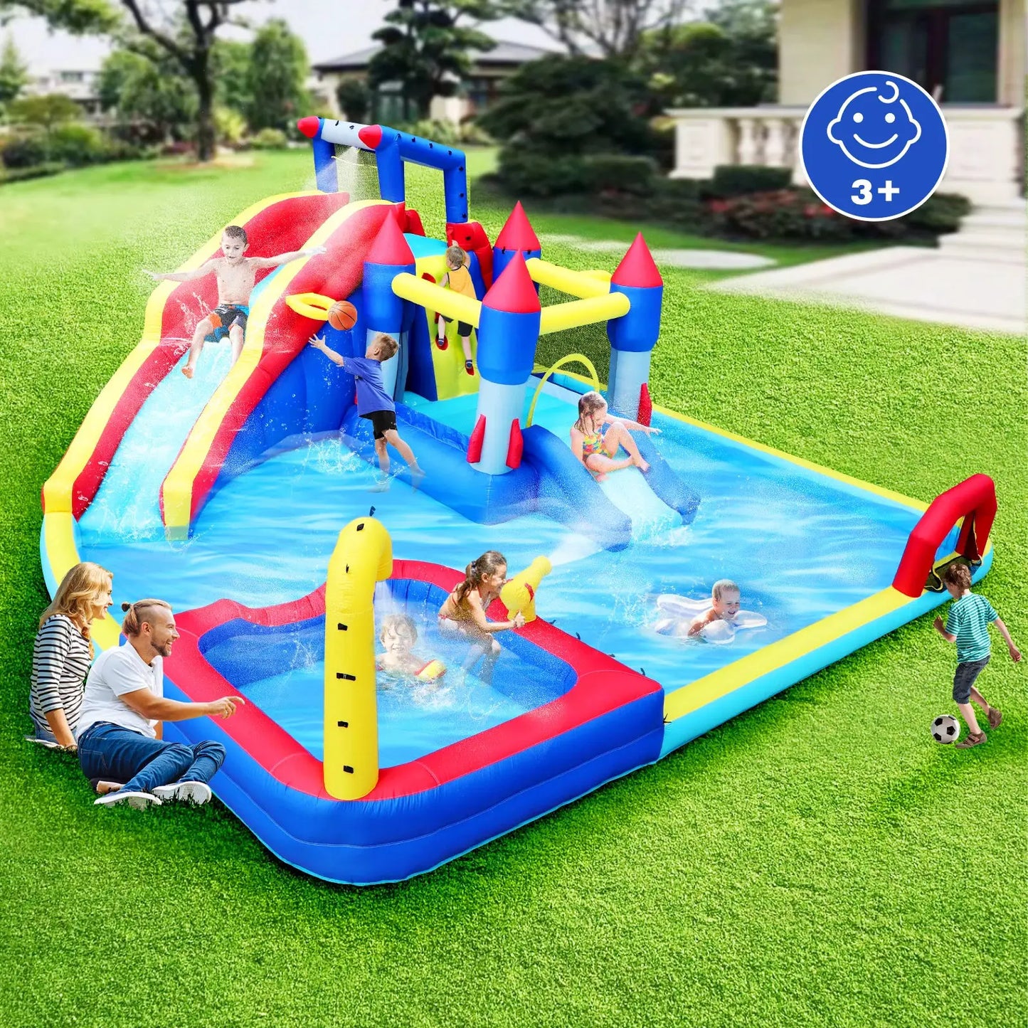 Inflatable Water Slide 10in1 Bounce House Outdoor Kids Water Park with Dual Splash Pools Climbing Wall Basketball Soccer from PriceLows™