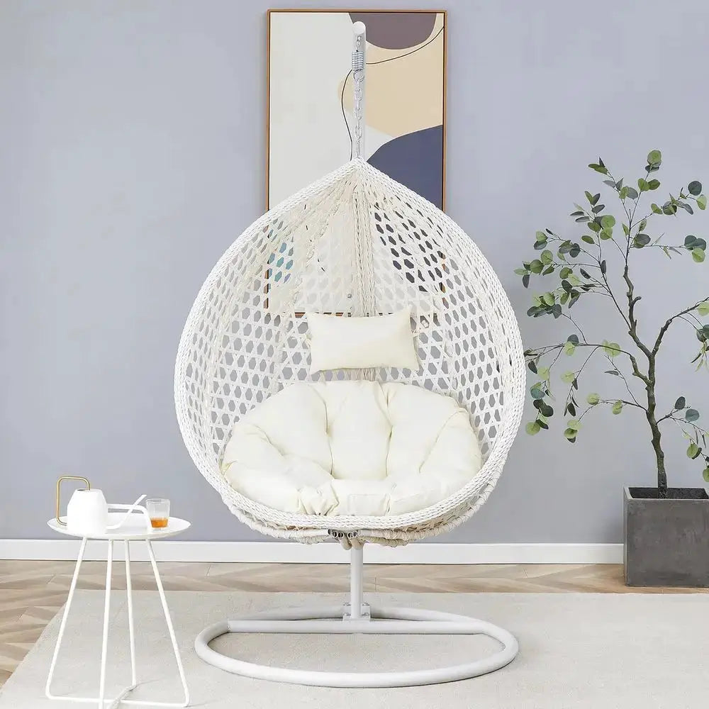 White Outdoor Indoor Hanging Egg Chair with Stand & Cushions, Perfect for Patio, Balcony, Backyard, and Living Spaces from PriceLows™