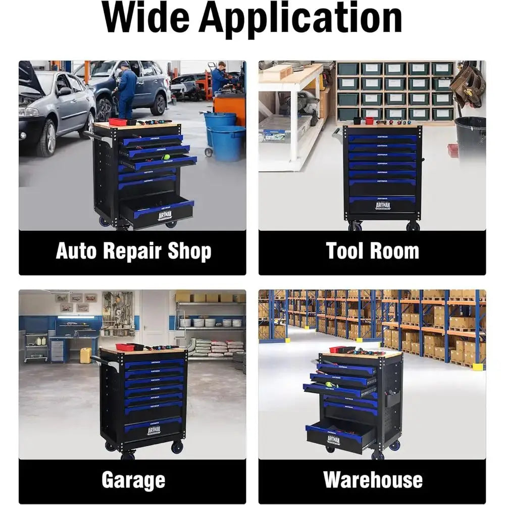 Heavy-Duty Mobile Metal Tool Chest with Locking Wheels, Stainless Steel Worktop, Garage Storage Cabinet (Black-Blue, 7-Drawers, from PriceLows™