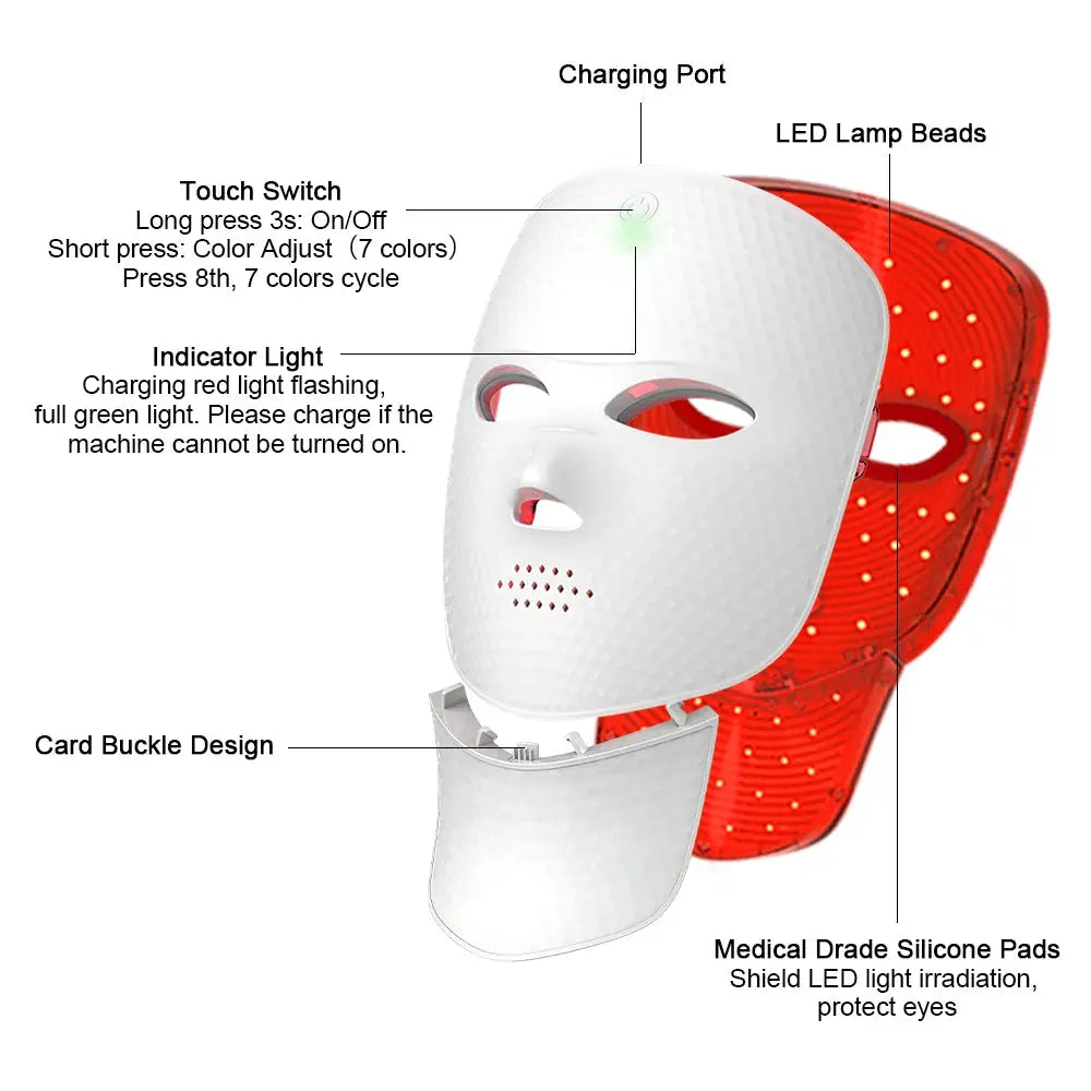 7 Color Led Facial Mask | Includes Neck Support | Home Use Skin Care