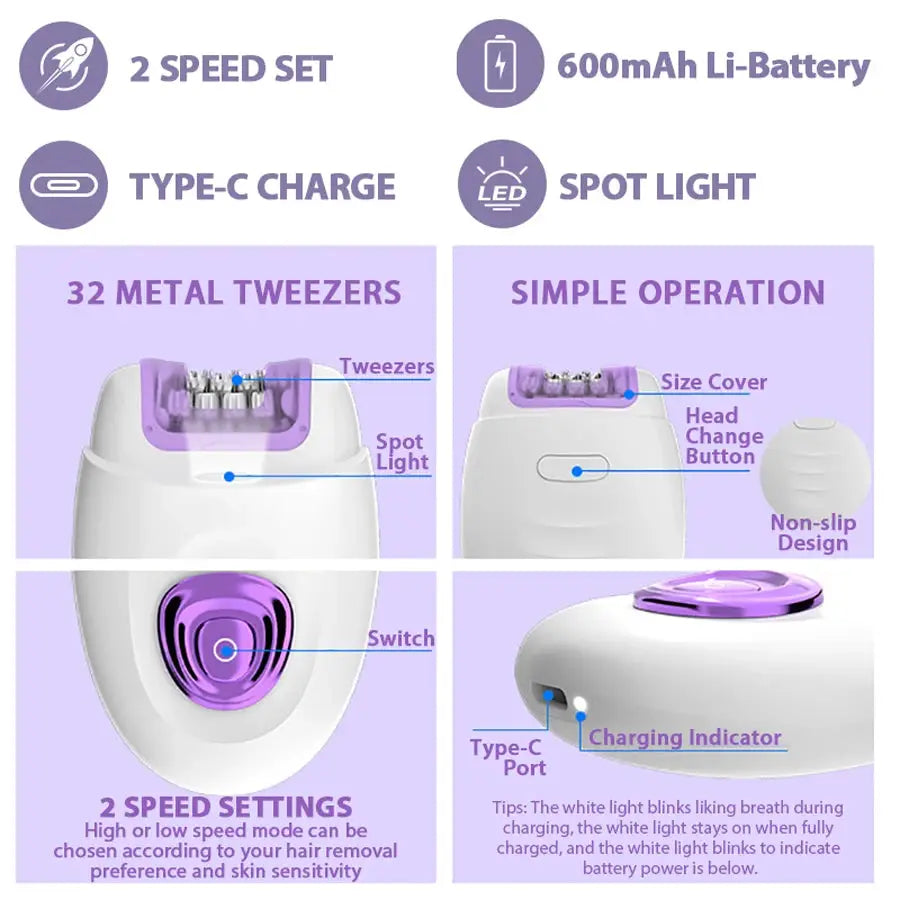 Rechargeable Epilator Shaver | 32 Tweezers | 60 Min Battery | 2 Speeds