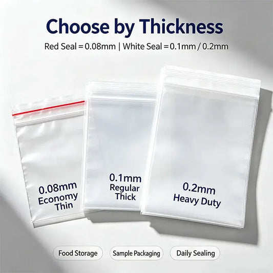 Zip Lock Bags | Clear Plastic | 0.08/0.1/0.2mm | Red White Seal Reusable