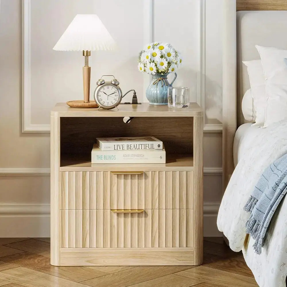 IRONCK Fluted Night Stand Set of 2, Modern Nightstand with Charging Station, Drawers and Open Shelves-Bedside Table for Bedroom from PriceLows™