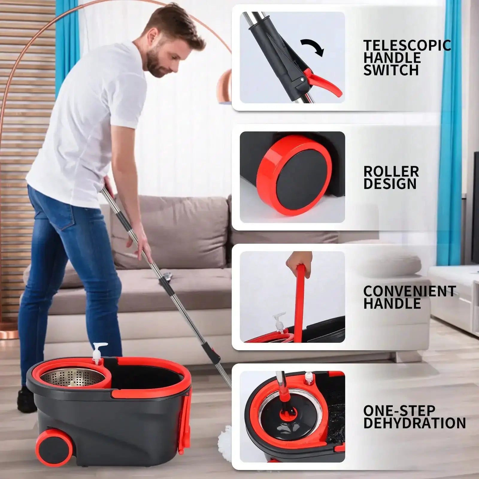 Heavy Duty Rolling Spin Mop Bucket Set with Wringer, 3 Microfiber Mop Heads, Adjustable Handle for Home Floor Cleaning” from PriceLows™