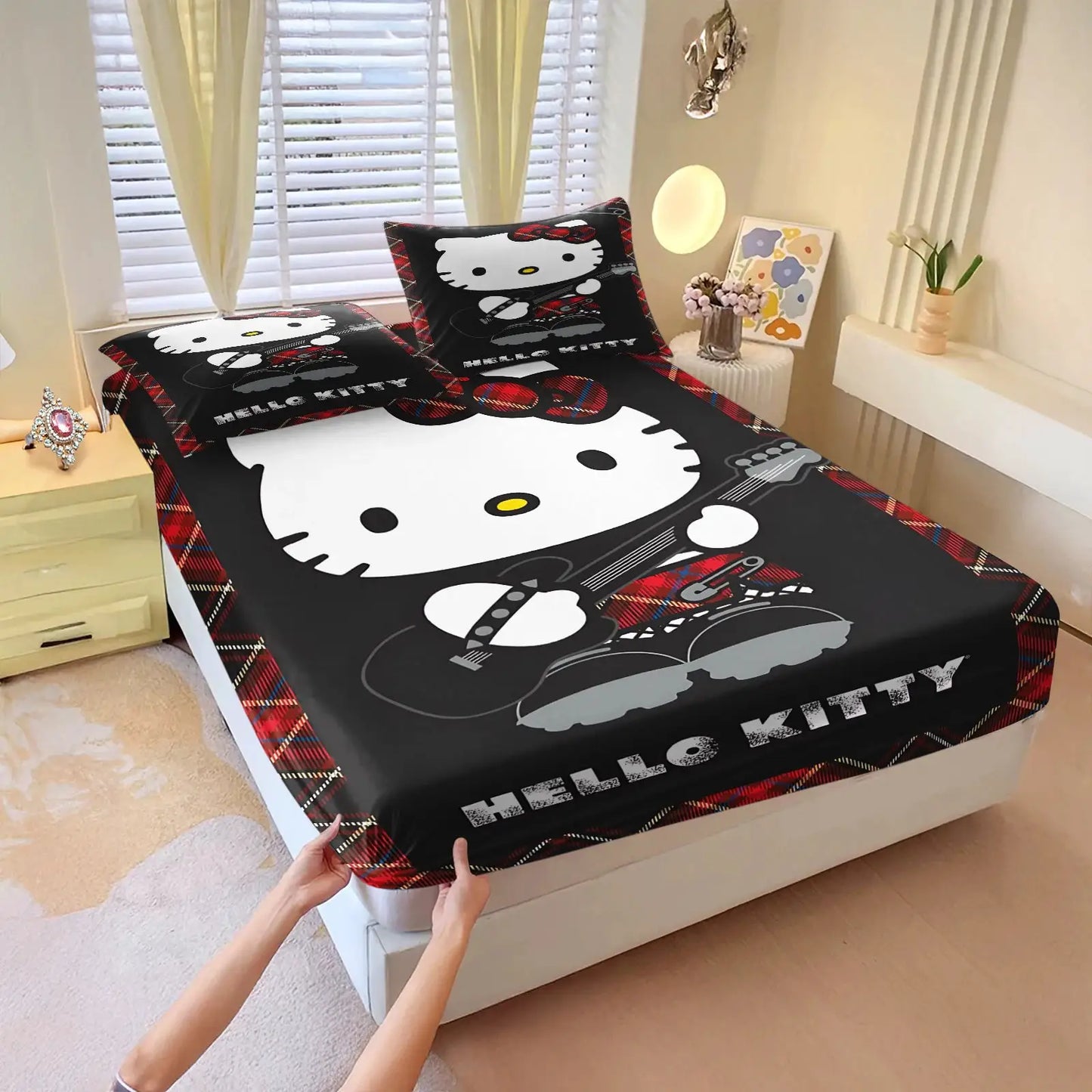 3Pcs Kawaii Hello Kitty Fitted Sheet Set With 2 Pillowcases purple Bed Sheet Soft Deep Pocket Bedding for Girls Bedroom Decor from PriceLows™
