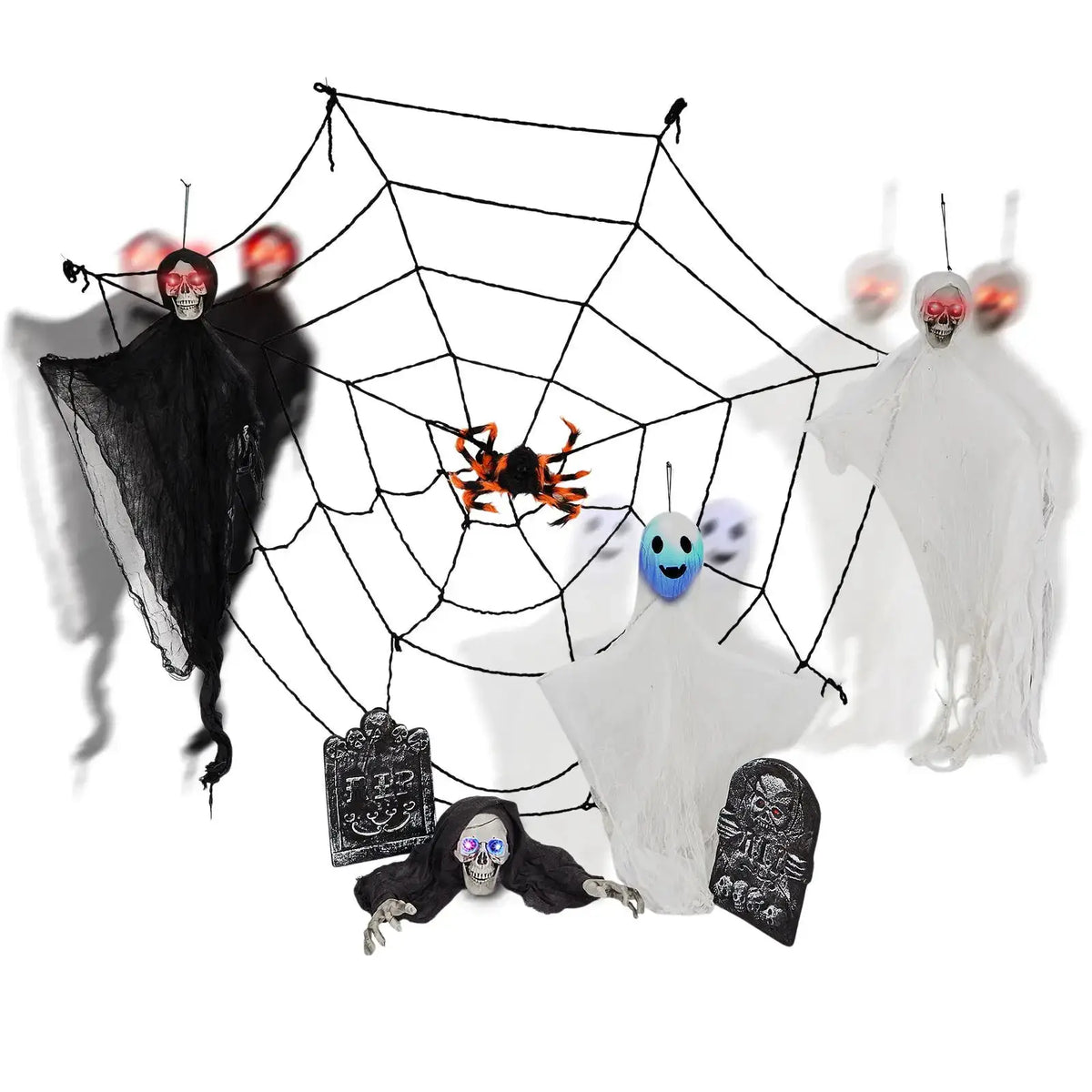 Outdoor Halloween Decor Set | 3 Hanging Ghosts | Plastic Gravestone | 8 Piece