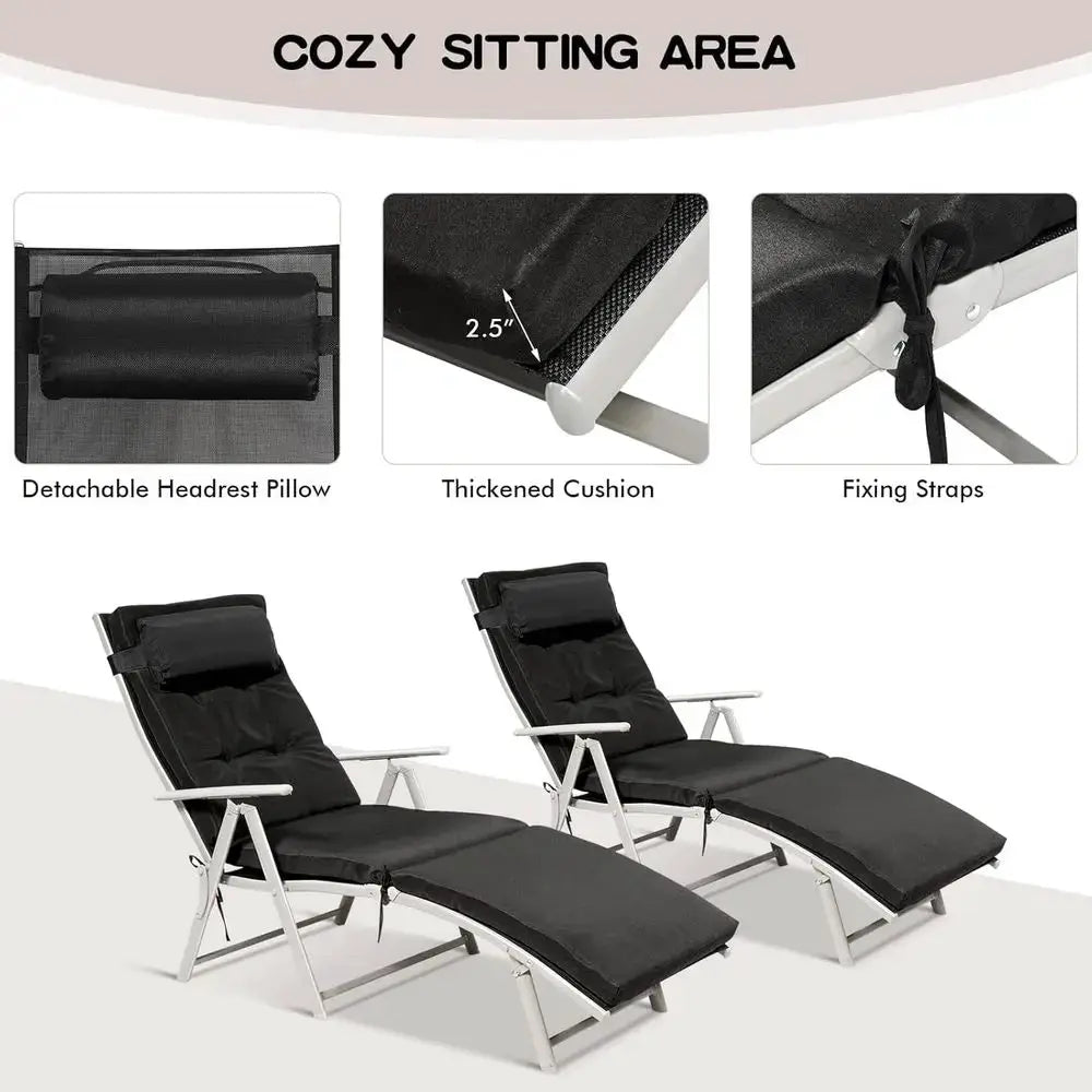 Portable Outdoor Reclining Chaise Lounge Chair with Pillow, 7 Positions, Ideal for Patio, Yard, Poolside - Black from PriceLows™