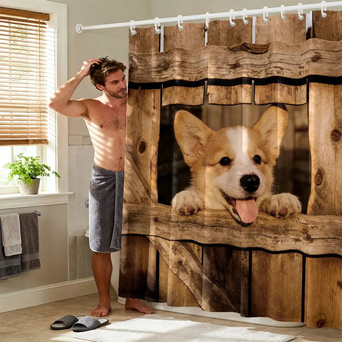 1pc Cute Dog Animal Printed Waterproof Shower Curtain Partition Privacy Hanging Curtain Multiple Sizes 12 Hooks from PriceLows™