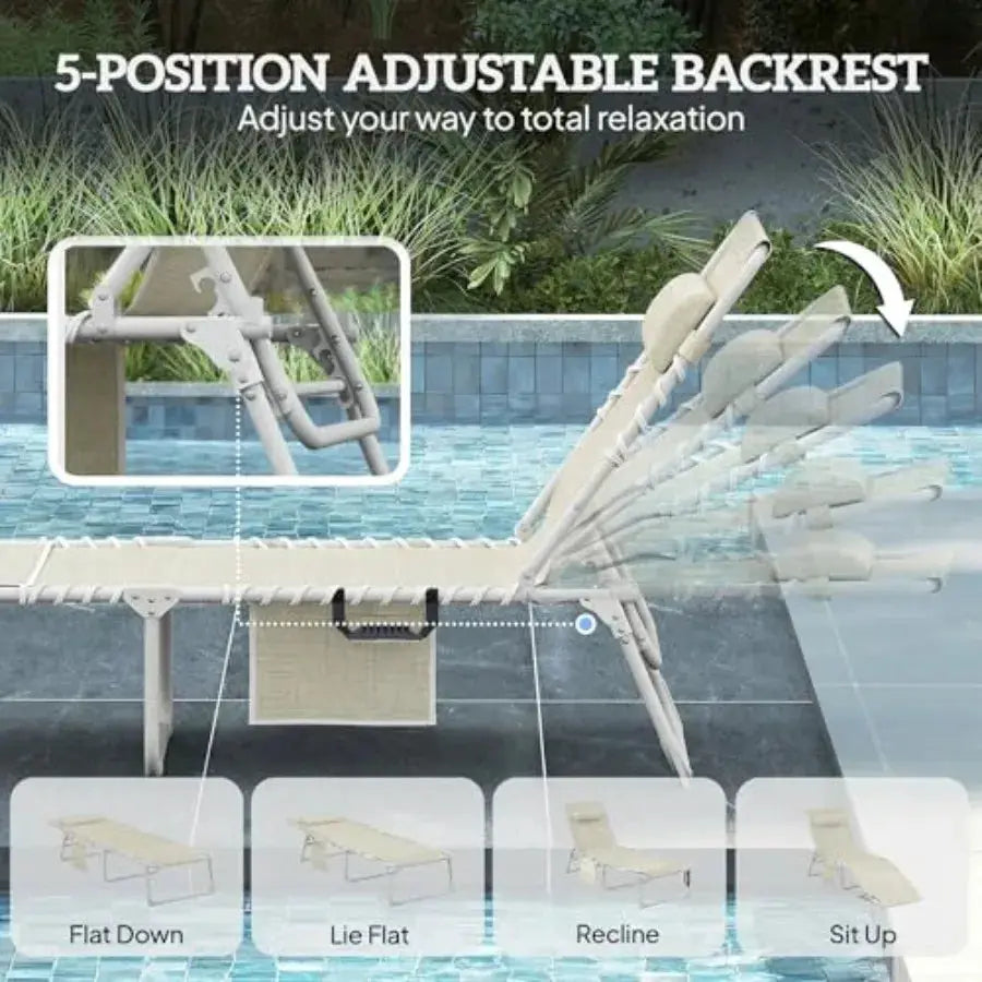 Outdoor tanning chair with face hole and side table, beige breathable mesh, 5-position reclining folding chaise lounge for beac from PriceLows™