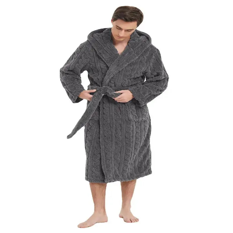 Men's Hooded Robe | Polyester | Thickened | Solid Color