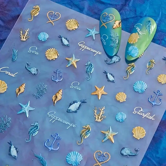 1pc Ocean Nail Art Stickers 5D Summer Starfish Seashell Nail Decals Decoration Y2K Embossed Nail Art Supplies Manicure Slider from PriceLows™