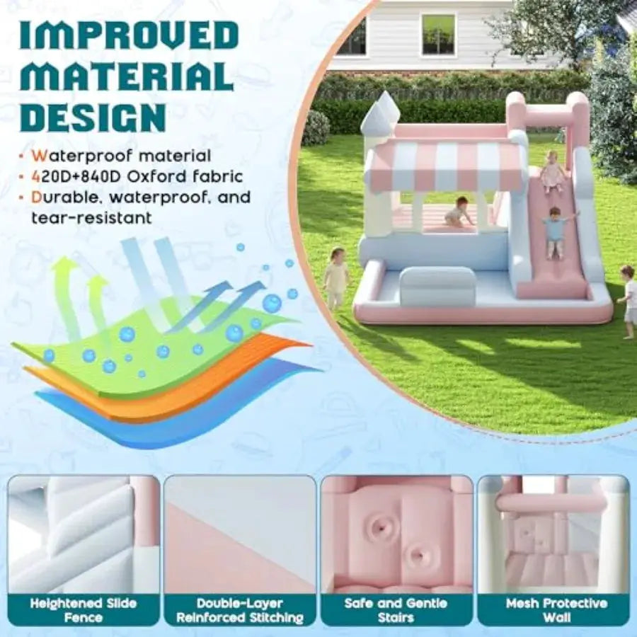 Inflatable Bounce House for indoor outdoor use, PVC material, pastel color, includes water slide, jumping area, climbing wall a from PriceLows™