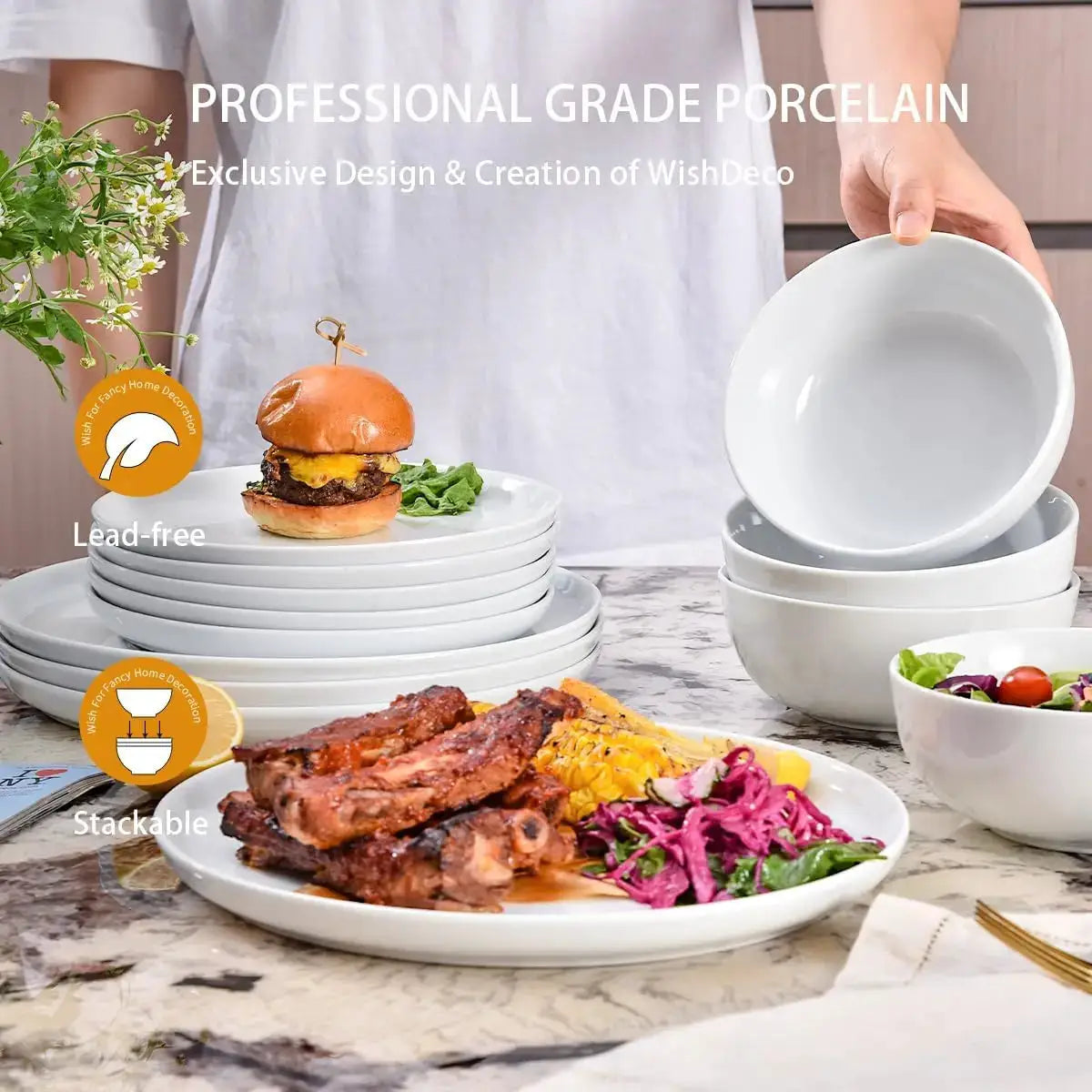 Plates and Bowls Sets, 12 Pieces Dinnerware Sets, Ceramic Dishes Set for 4, White Kitchen Dishware Set, Microwave and Di from PriceLows™