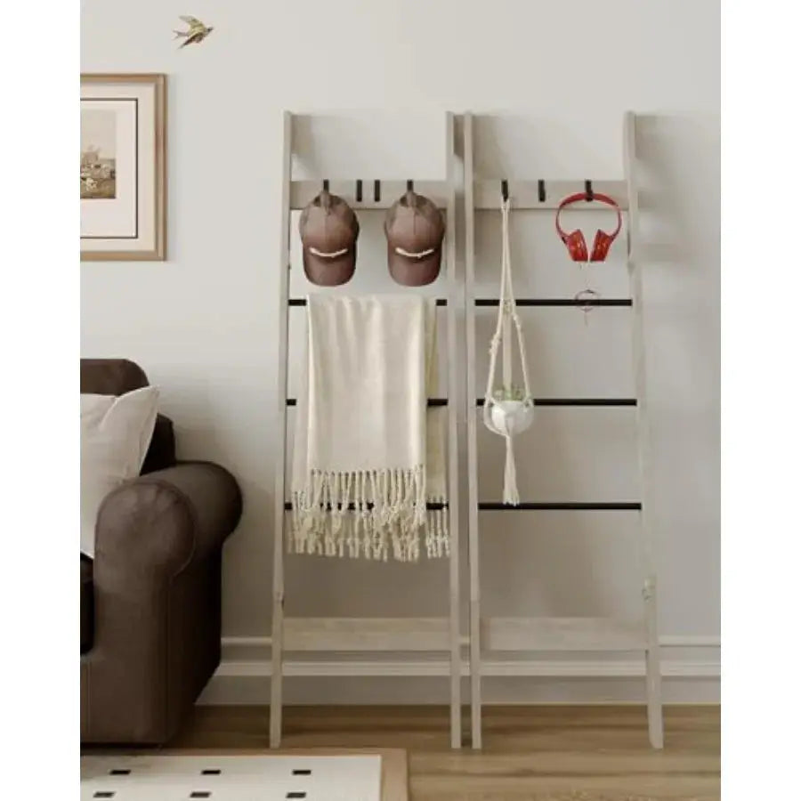 Blanket Ladder for Living Room, Decorative Quilt Rack with 4 Removable Hooks, 5-Tier Farmhouse Ladder Holder Shelf Organizer fo from PriceLows™