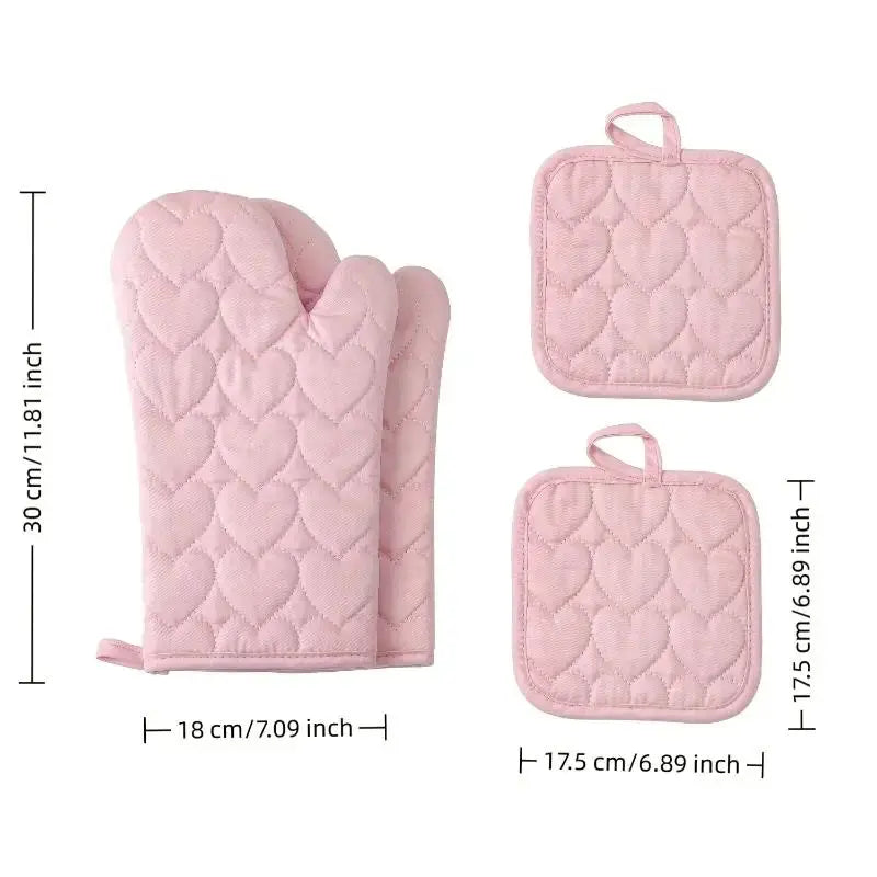 Kitchen Set | Pink Heart Quilted | Heat Resistant Cotton | 2 Mitts and 2 Holders