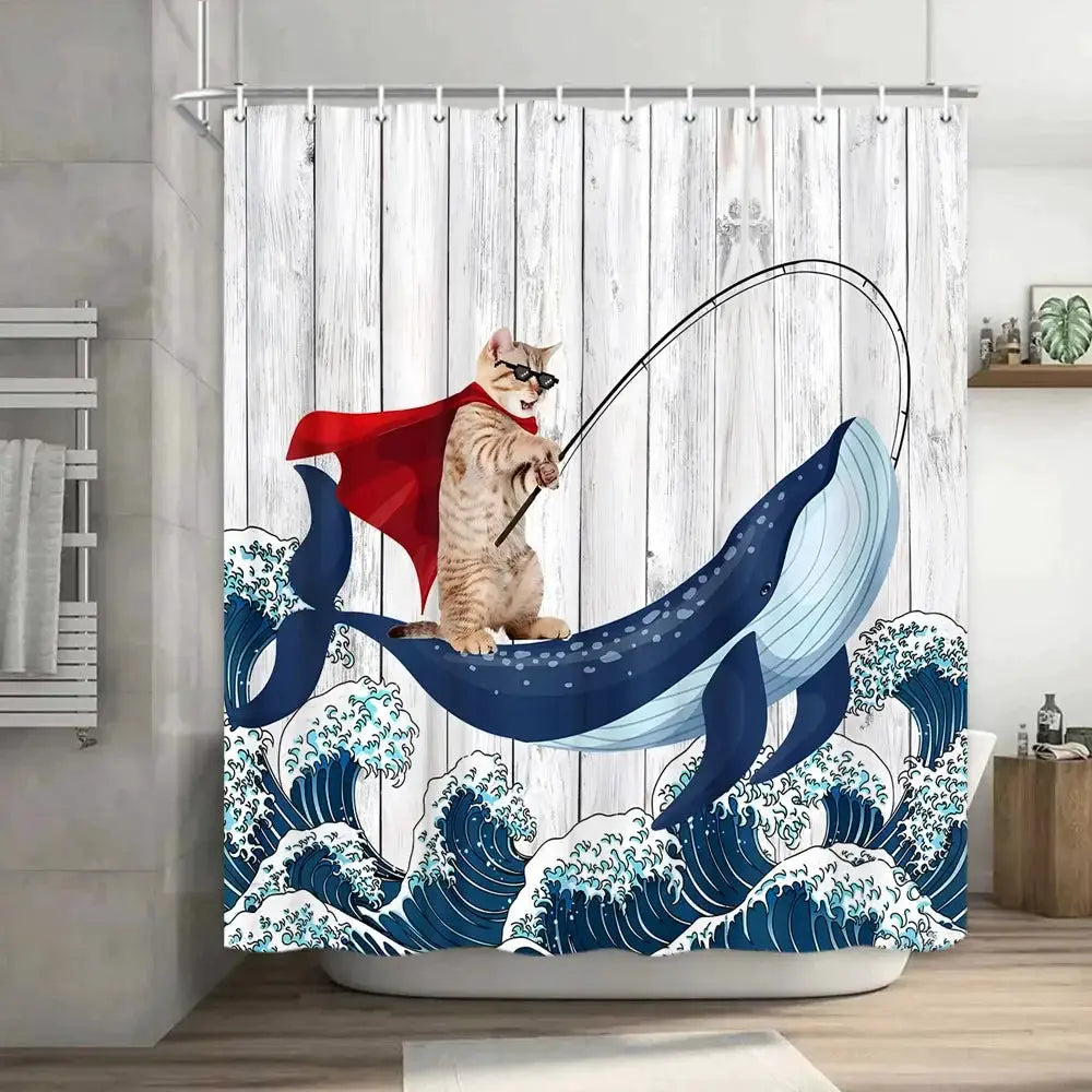 Funny Cat Shower Curtain Fun Animal in Bathtub with Fish Cloth Fabric Shower Curtain Hilarious Pet Bathroom Decor Set with Hooks from PriceLows™