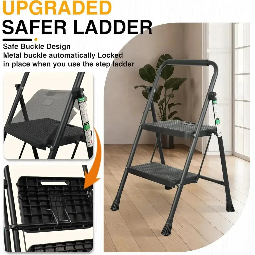 Portable Folding 2 Step Stool with Anti Slip Pedal and Handgrip Sturdy Steel Ladder Black from PriceLows™