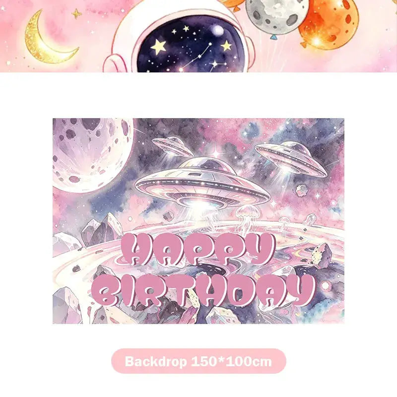 Astronaut Birthday Party Decoration Set | Pink Space | Banner Plate Cups | 61 Pcs