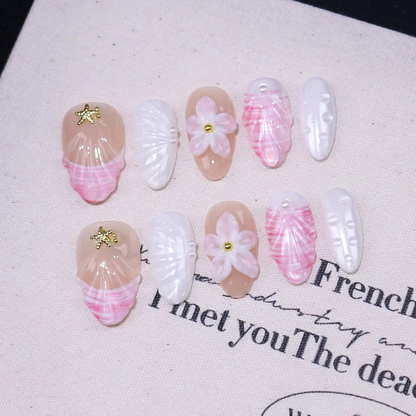 Press On Nails | 3D Flower Almond | Handmade Ballet Grey | 10 Piece Set
