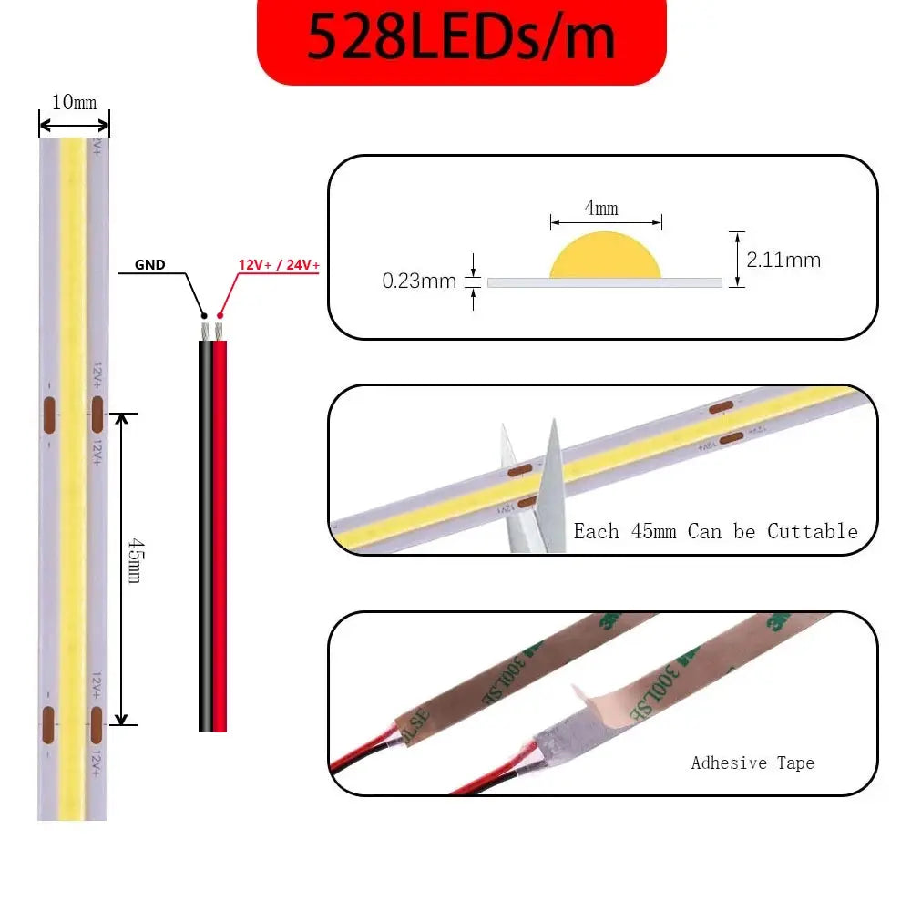COB LED Strip Light High Density Linear Lighting 480/528Leds/m Flexible Tape Warm Natural White Red Blue Green Decor DC12/24V from PriceLows™
