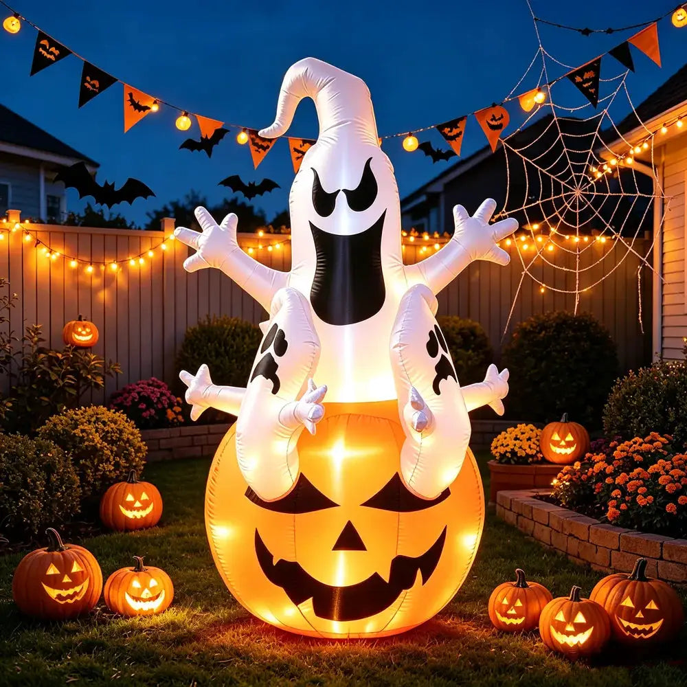 Ghost On Pumpkin Inflatable | 4 Ft Yard Decoration | Weather Resistant Fabric