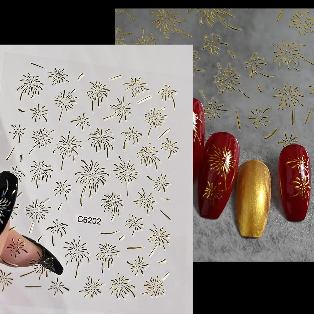 1PC Laser Fire work Nail Stickers 3D Self-Adhesive Blooming Fire-work Nail Decals New Year Firework Design Nail Slider 10*8cm from PriceLows™