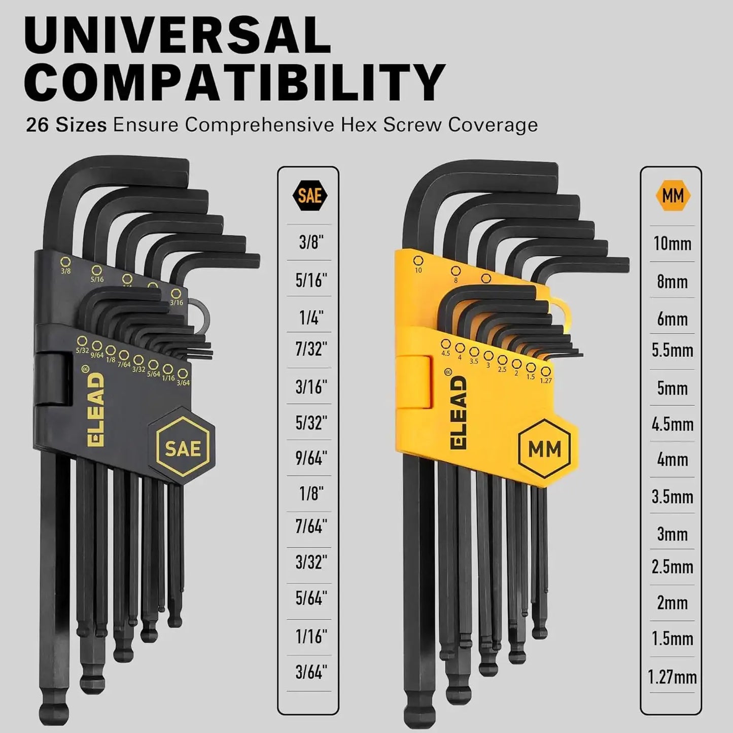 ELEAD 27PCS Hex Key Allen Wrench Set MM SAE Ball End Long Short Arm with Grip Handle Metric 1.27-10mm SAE 3/64"-3/8 with Storage from PriceLows™