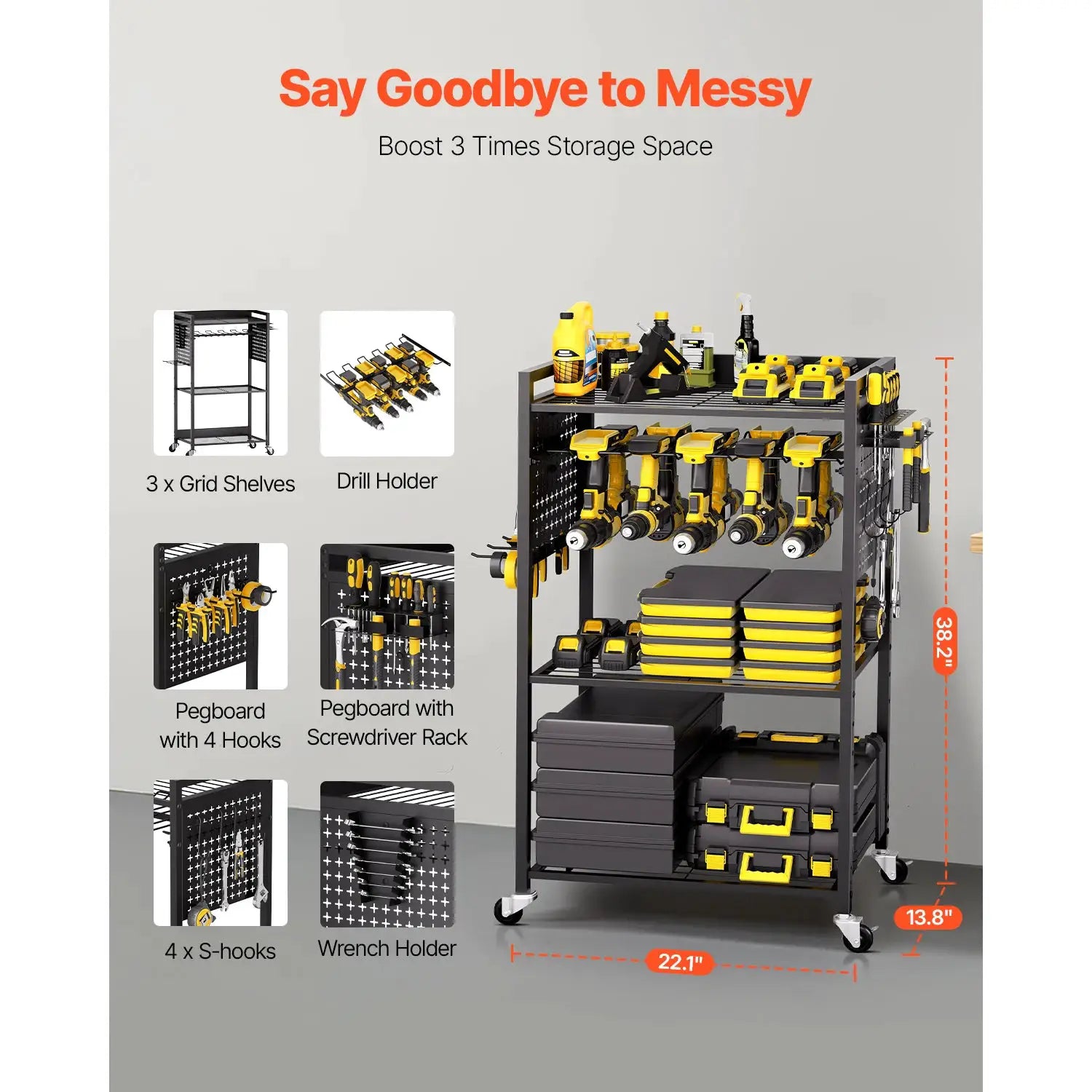 SucceBuy 4-tier Rolling Tool Organizer Cart 150 lbs Garage Floor Stand Storage Cart on Wheels Drill Holder Rack for Workshop from PriceLows™