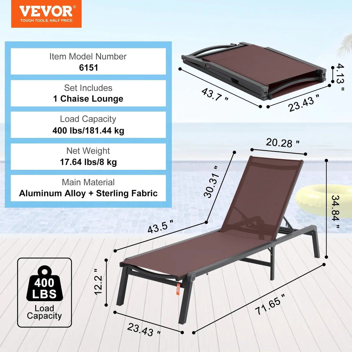 SucceBuy Chaise Lounge Chair Outdoor Aluminum Patio LoungeFolding Pool Lounge Recliner Full Flat for Patio Beach Pool Dark Grey from PriceLows™